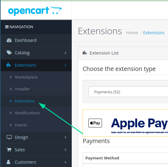 Sub-opção "Extensions" selecionada